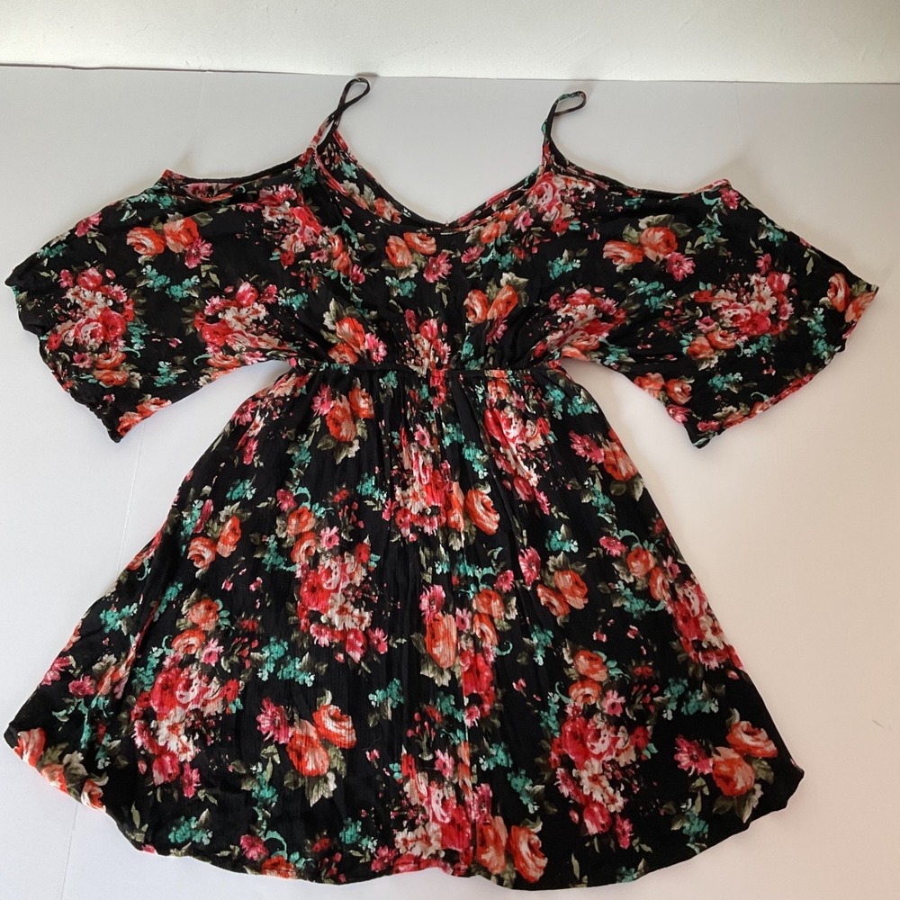 Audrey Baby Doll Top Cold Shoulder Black Floral Stretchy Boho Flowy Cottage Core